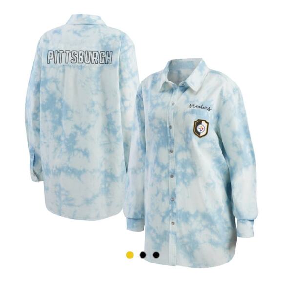 WEAR by Erin Andrews Women's Pittsburgh Steelers Chambray Acid Wash Button Up - Picture 8 of 10